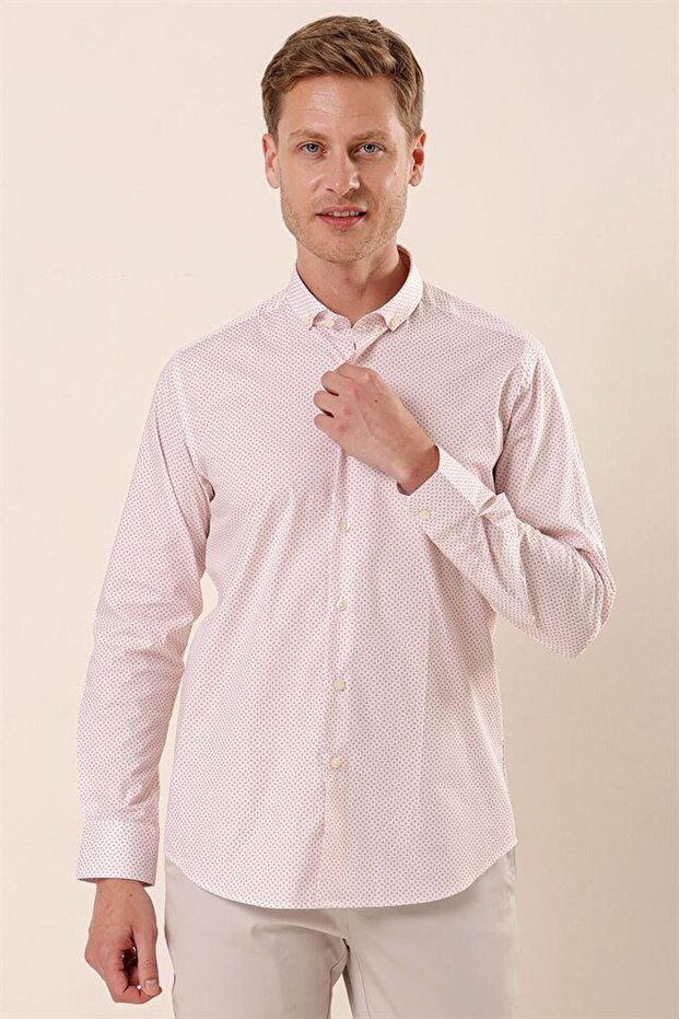 Men's Salmon Long Sleeve Printed Cotton Lycra Classic Slim Fit Slim Fit Shirt 1004230115