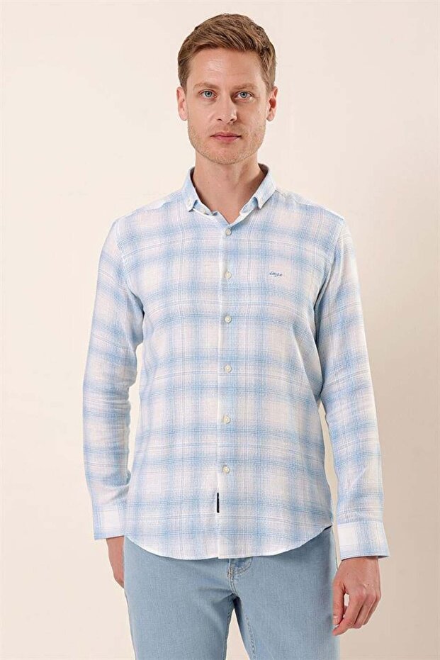 Men's Dark Blue Long Sleeve Checkered 100% Cotton Classic Slim Fit Slim Fit Shirt 1004230176