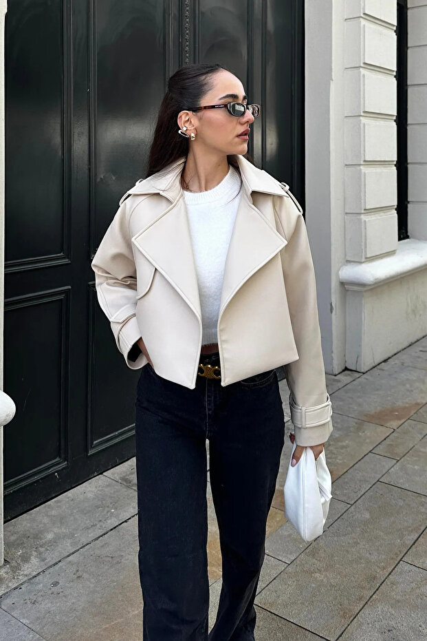 OVERSİZE EKRU DERİ CEKET - 1