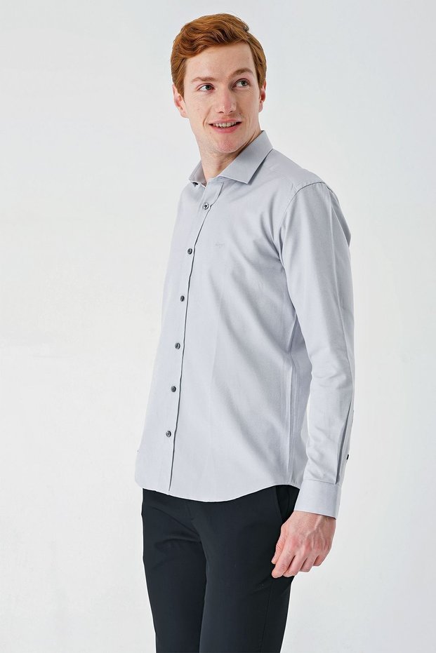 Gray Long Sleeve Oxford Pocketless Cotton Classic Slim Fit Slim Fit Shirt1004240235