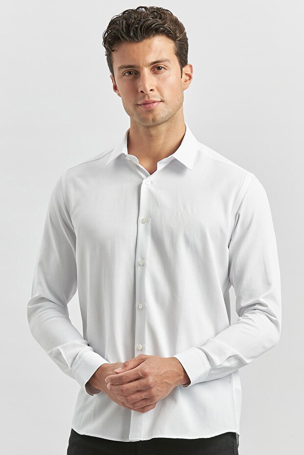 Men's White Long Textured Textured Stiff Collar Slim Fit Shirt 1004245153