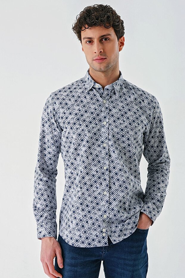 Blue Long Sleeve Printed Garnished Cotton Casual Slim Fit Slim Fit Shirt 1004240211