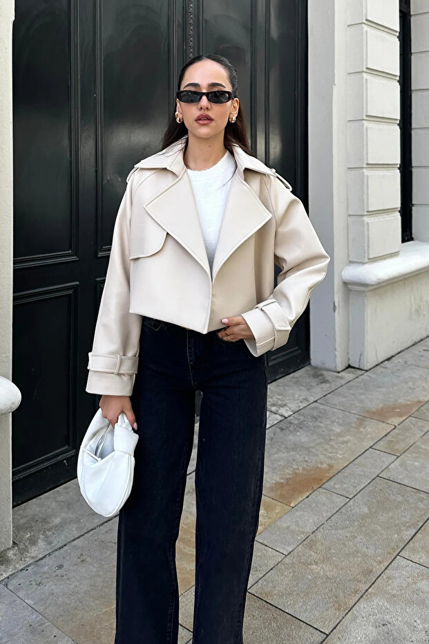 OVERSİZE EKRU DERİ CEKET - 3