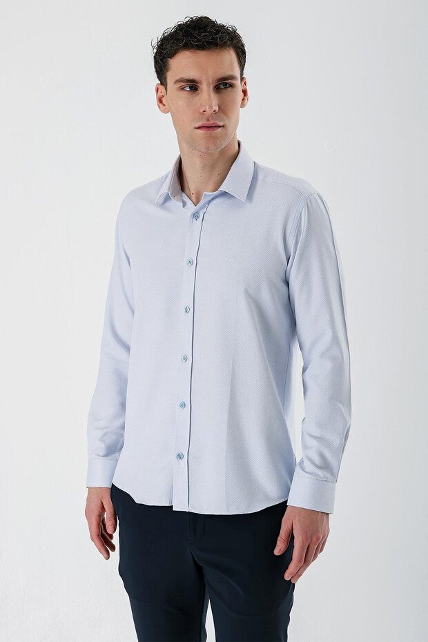 Men's Dark Blue Long Sleeve Patterned Hard Collar Cotton Slim Fit Slim Fit Shirt 1004235171