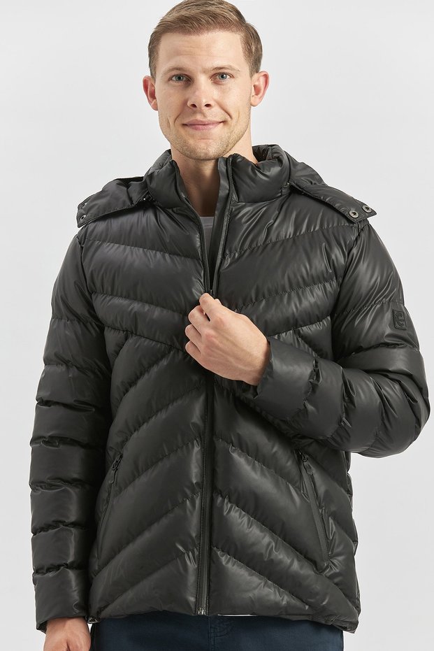 Black Padded Detachable Hooded Lined Slim Fit Slim Fit Casual Coat 1007245151