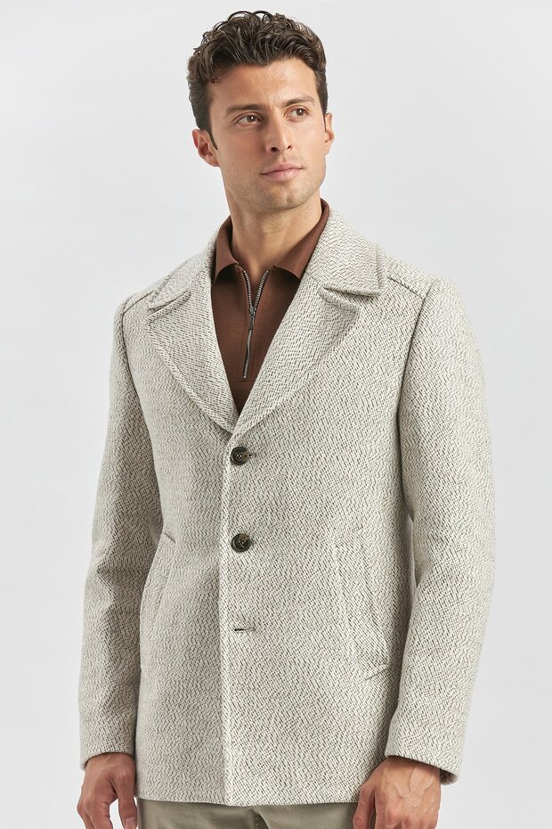 Beige Cashmere Swallow Collar Patterned Lined Slim Fit Classic Coat 1007245150