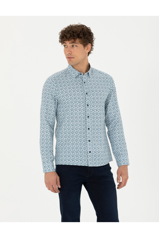 Light Navy Blue Slim Fit Long Sleeve Shirt 50276025-Vr059