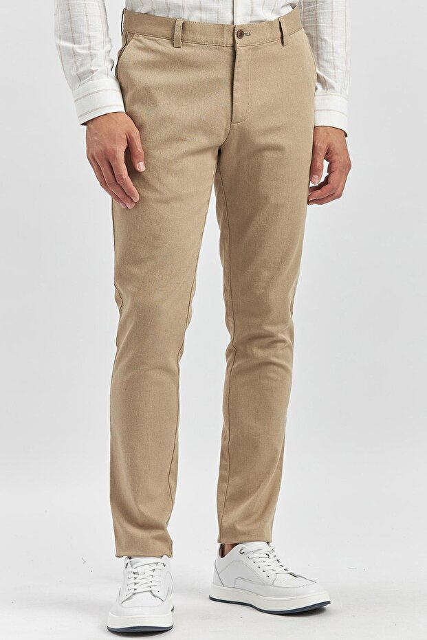 Men's Beige Cotton Slim Fit Chino Trousers with Side Pockets 1003240168