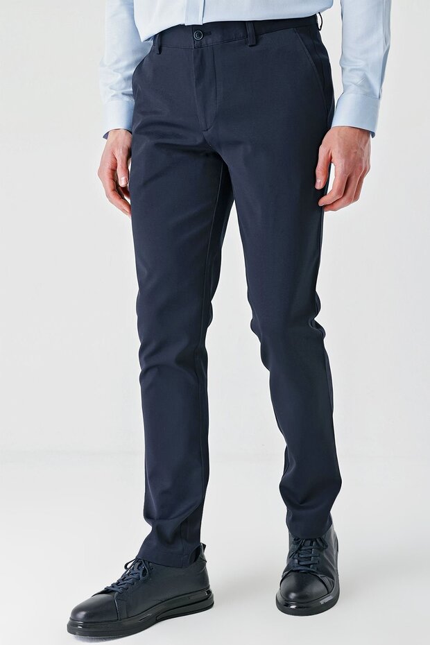 Men's Navy Blue Cotton Casual Slim Fit Chino Trousers with Side Pockets 1003240156