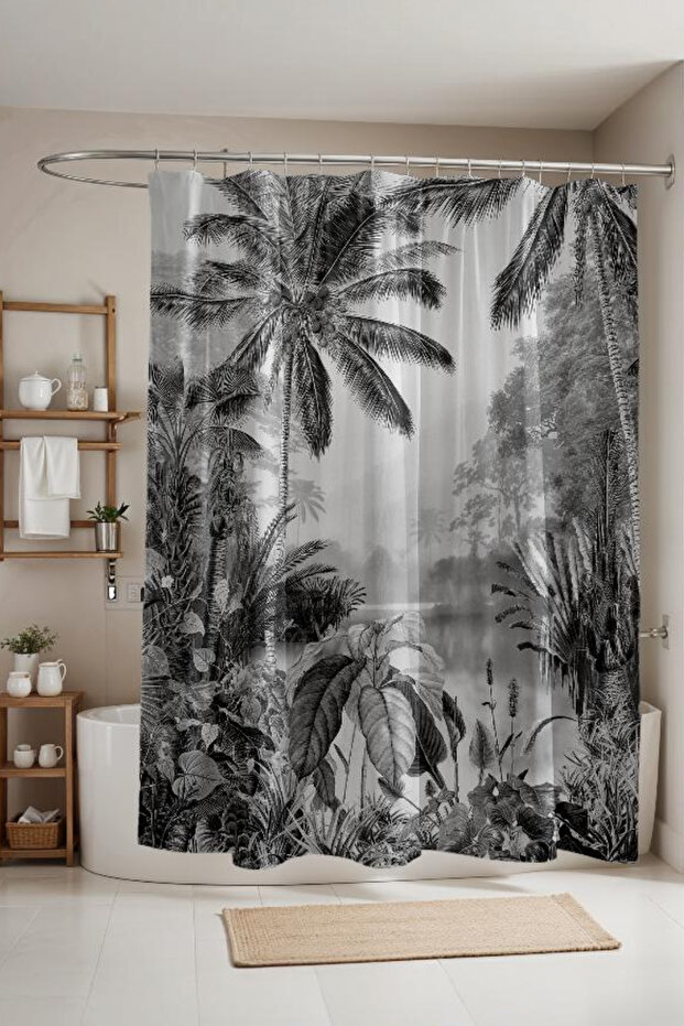 Bathroom Curtain, Black Palm Forest Pattern Shower Curtain, Bathtub Curtain 175X200Cm
