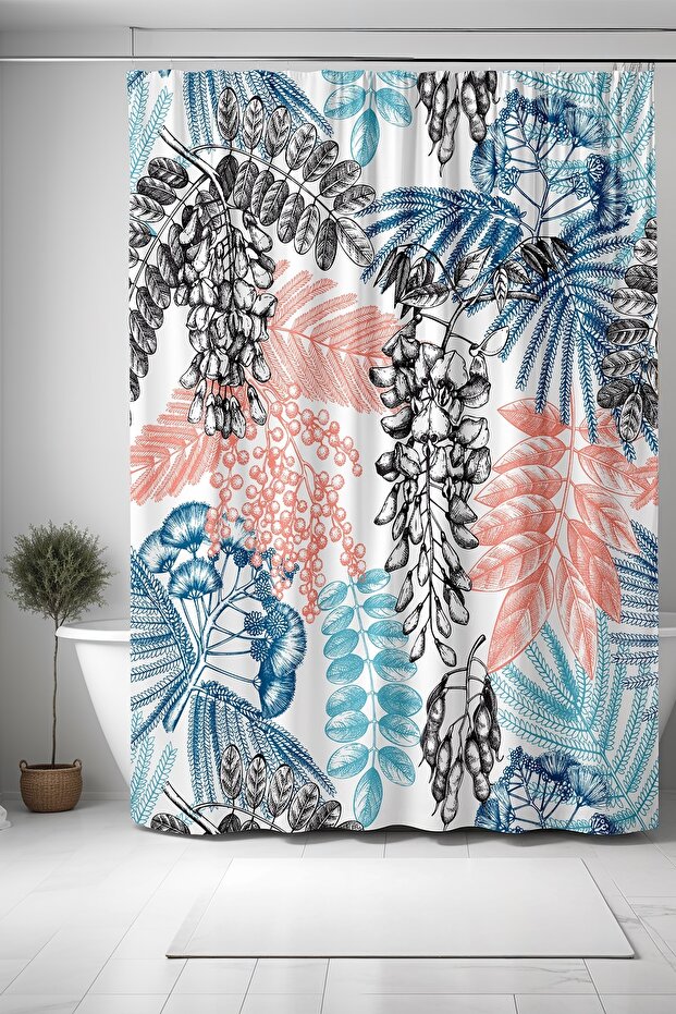 Bathroom Curtain, Black Pencil Mimosa and Acacia Patterned Shower Curtain, Bathtub Curtain 175X200Cm