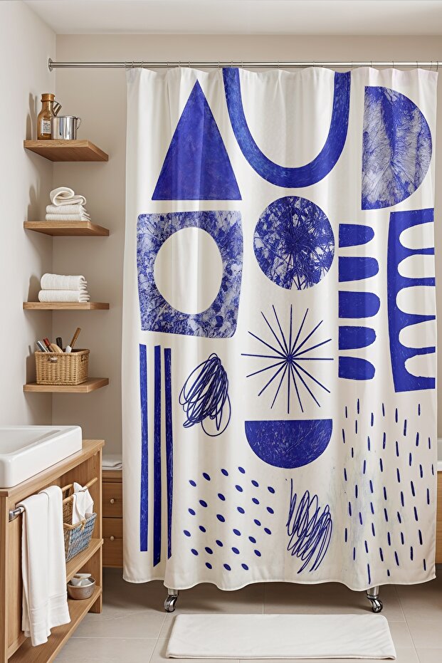 Bathroom Curtain, Dark Blue Geometric Shapes Patterned Shower Curtain, Bathtub Curtain 175X200Cm