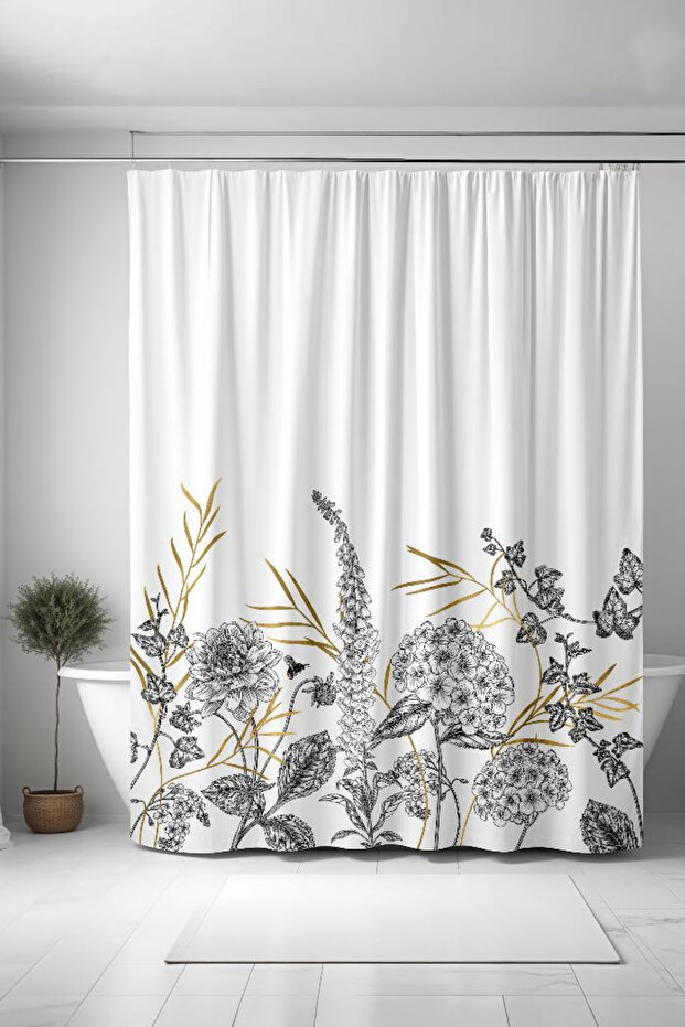 Bathroom Curtain, Simple Hand Drawing Flowers Pattern Shower Curtain, Bathtub Curtain 175X200Cm