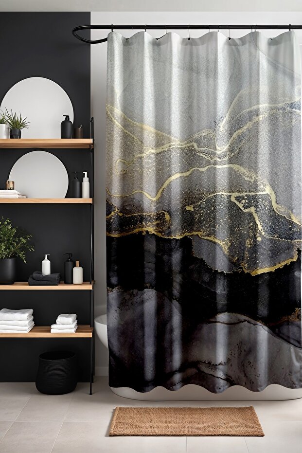 Bathroom Curtain, Grey Gold Marble Pattern Patterned Shower Curtain, Bathtub Curtain 175X200Cm