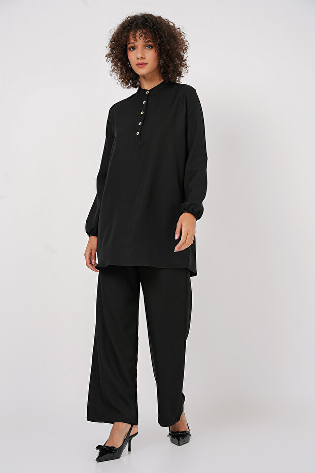Black Linen 6678 Tunic and Trousers Set - 1