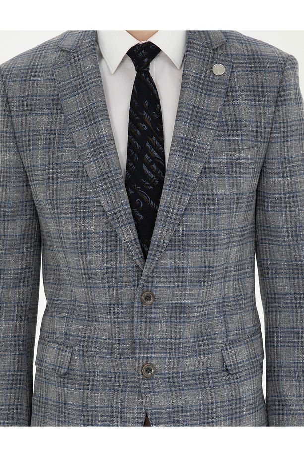Gri Ex. Slim Fit Yün Karışımlı Ekose Ceket 50284927-VR024 - 6