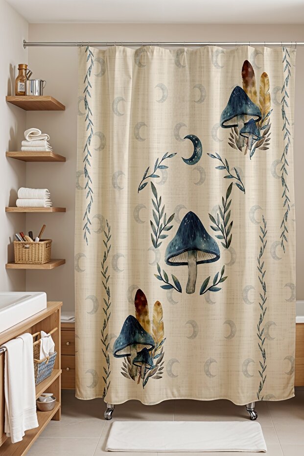 Bathroom Curtain, Dark Blue Magic Mushrooms Pattern Shower Curtain, Bathtub Curtain 175X200Cm