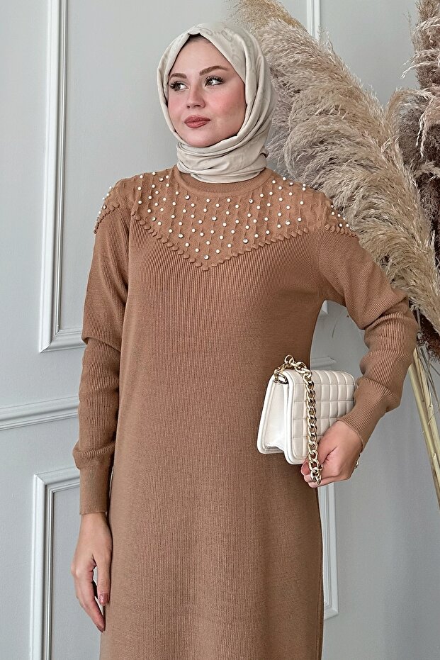 İncili Triko Elbise Camel - 4