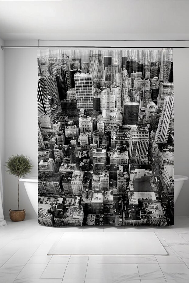 Bathroom Curtain, Black and White Buildings Pattern Shower Curtain, Bathtub Curtain 175X200Cm