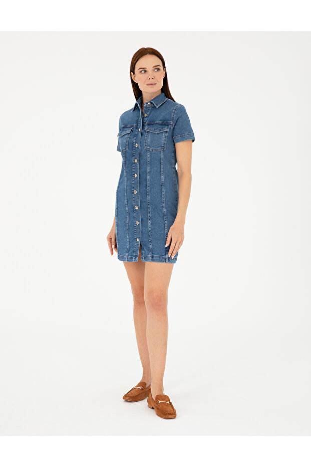 Blue Short Sleeve Mini Jean Dress 50284151-Vr036