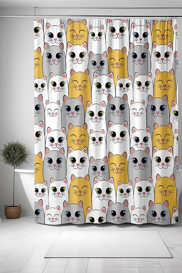 Bathroom Curtain, Cute Yellow Grey Cats Pattern Shower Curtain, Bathtub Curtain 175X200Cm