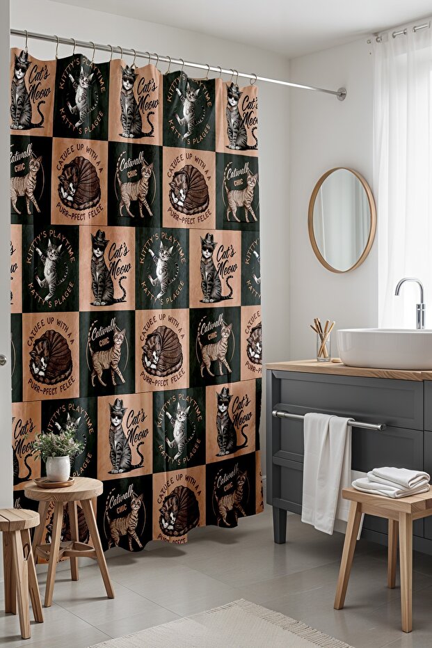 Bathroom Curtain, Fun Cats Pattern Shower Curtain, Bathtub Curtain 175X200Cm