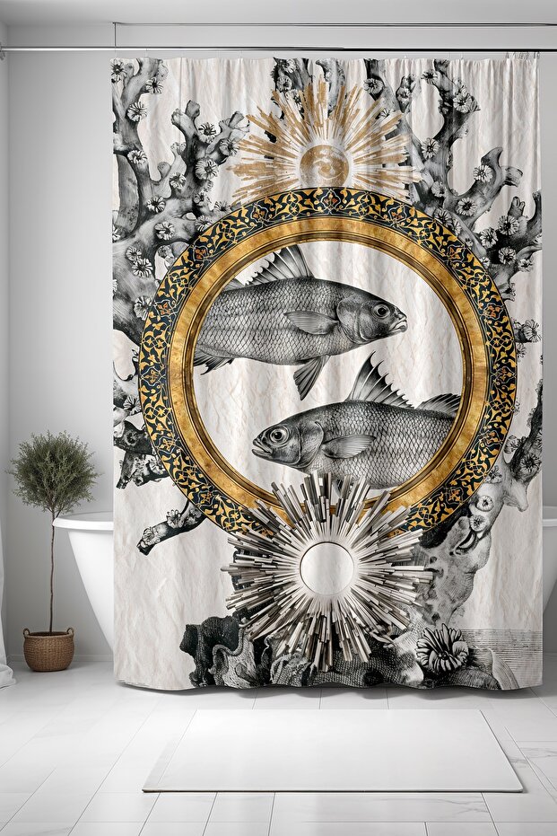 Bathroom Curtain, Boho Sun and Grey Fish Pattern Shower Curtain, Bathtub Curtain 175X200Cm