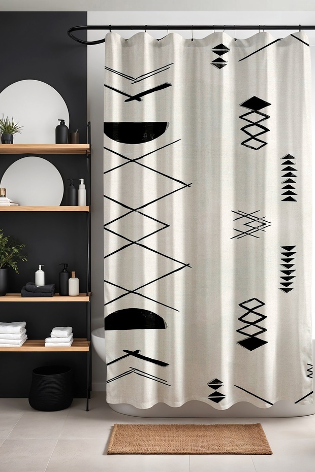 Bathroom Curtain, Black and White Ethnic Pattern Pattern Shower Curtain, Bathtub Curtain 175X200Cm