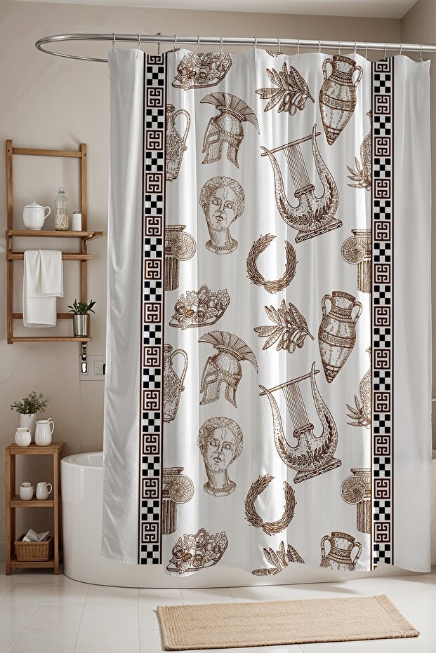 Bathroom Curtain, Brown Ancient Greek Pattern Shower Curtain, Bathtub Curtain 175X200Cm