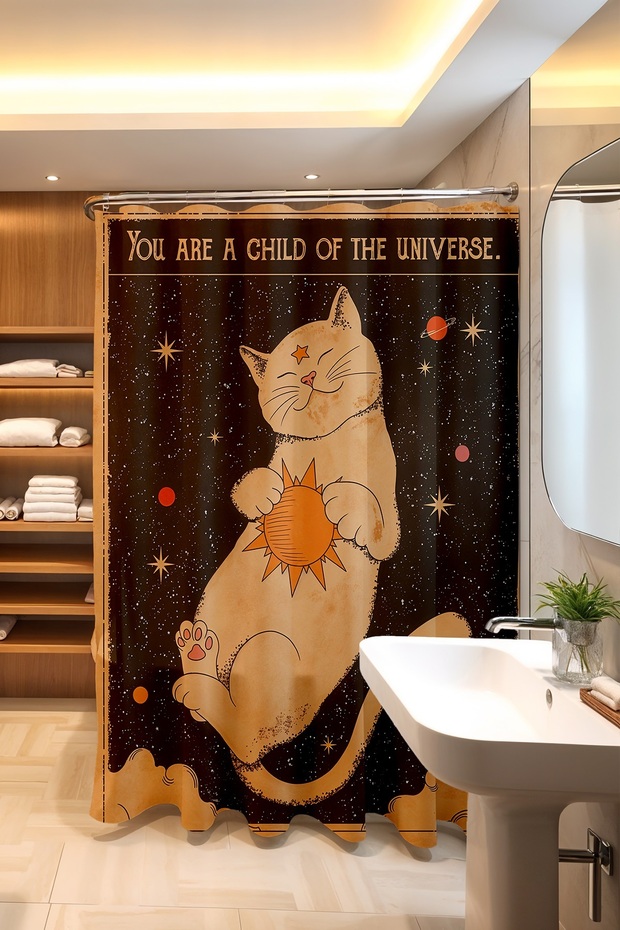 Bathroom Curtain, Cute Cat Hugging the Sun Pattern Shower Curtain, Bathtub Curtain 175X200Cm