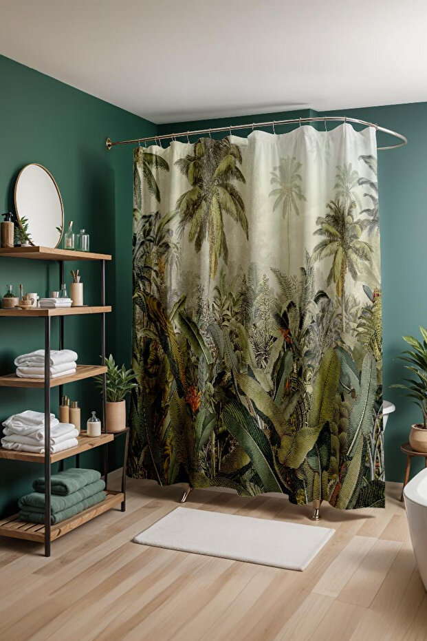Bathroom Curtain, Green Palm Forest Pattern Shower Curtain, Bathtub Curtain 175X200Cm