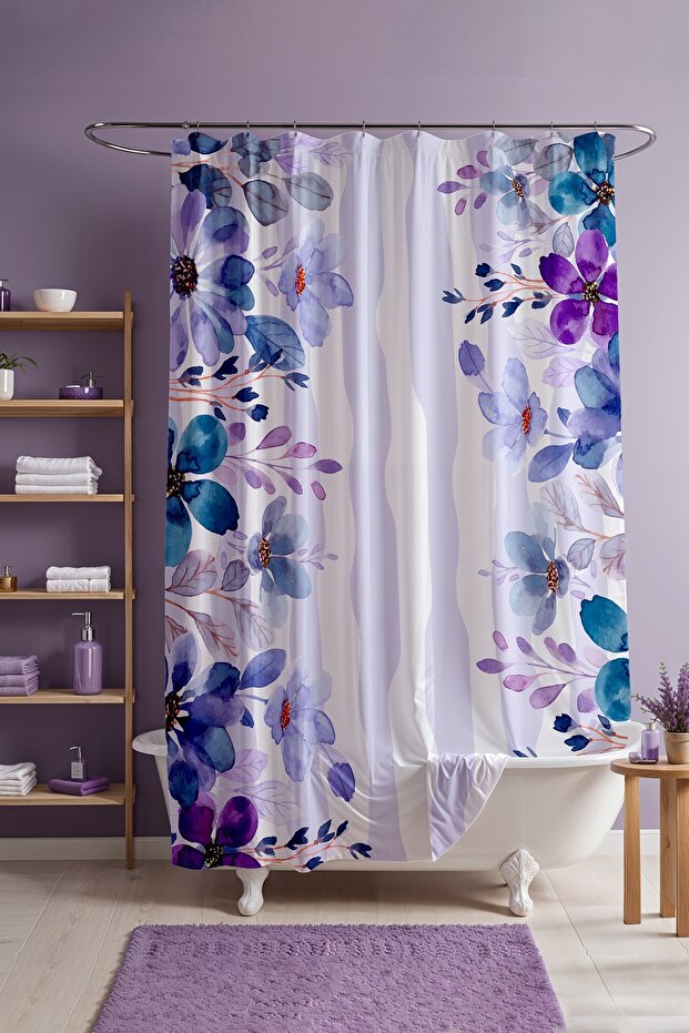 Bathroom Curtain, Floral Spring Pattern Shower Curtain with Purple Stripe, Bathtub Curtain 175X200Cm