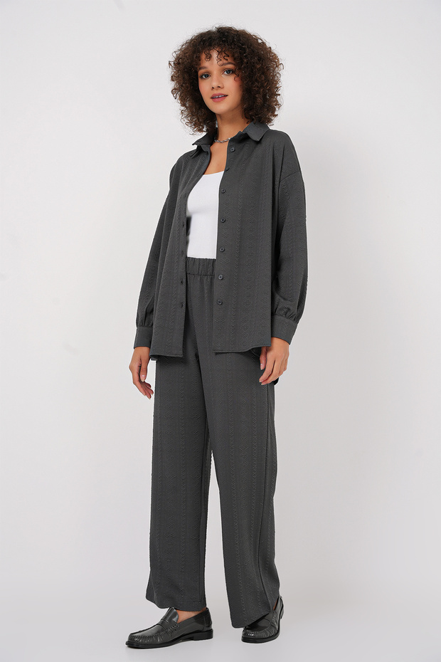 طقم قميص وبنطلون علوي وسفلي، باللون الأنثراسيت - 6685