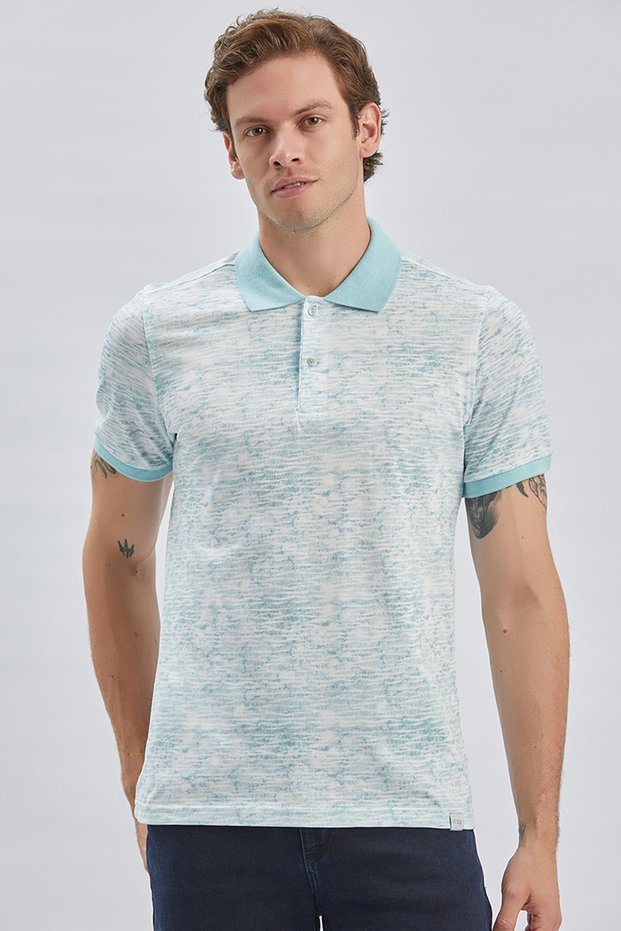 Blue Printed Pique Polo Collar Garnished 100% Cotton Casual Slim Fit T-Shirt 1011240157