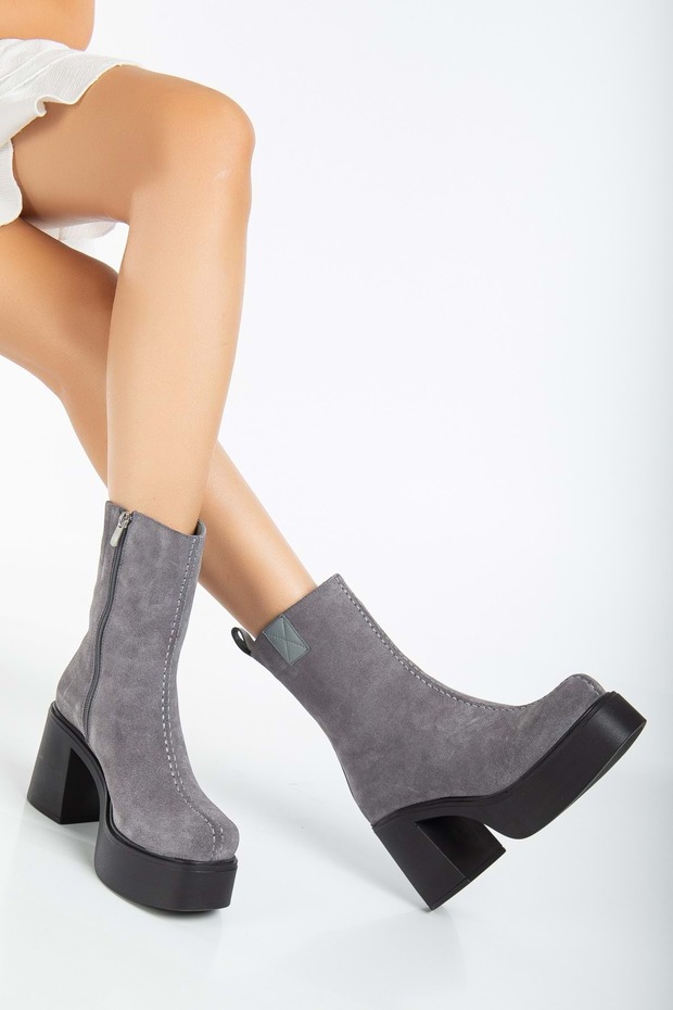 Women's Genuine Leather Thick-Soled Heeled Boots - Gray Suede