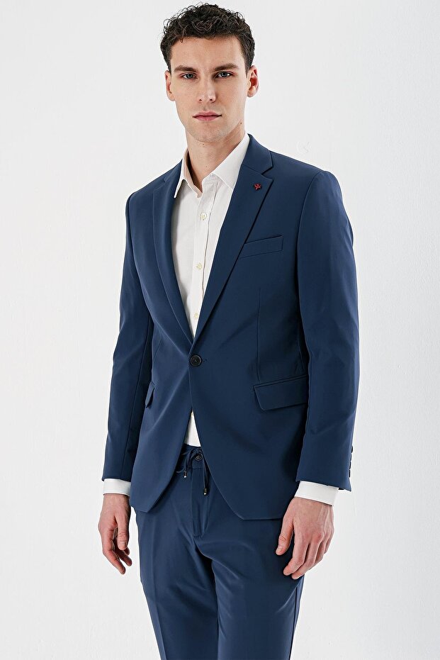 Men's Indigo Blue Mono Collar Lycra 6 Drop Slim Fit Slim Fit Suit 1001240164