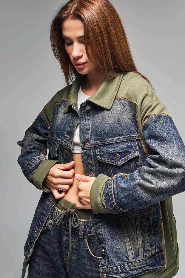 Kadın Kot Rengi 2w411 Denim Örme Kumaş Karışımı Overize Tasarım Ceket - 5