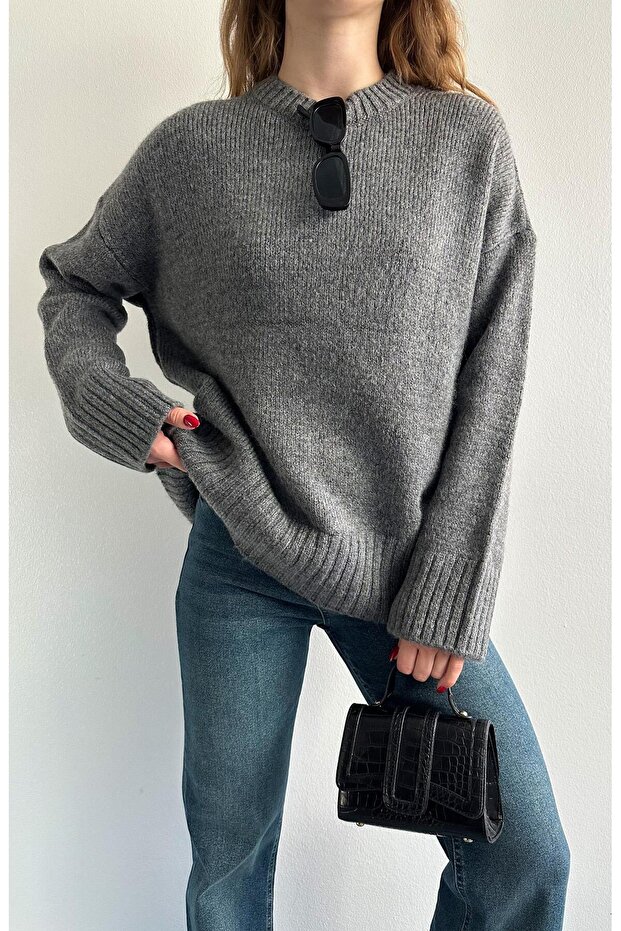 Bisiklet Yaka Oversize Kazak ANTRASİT - 2