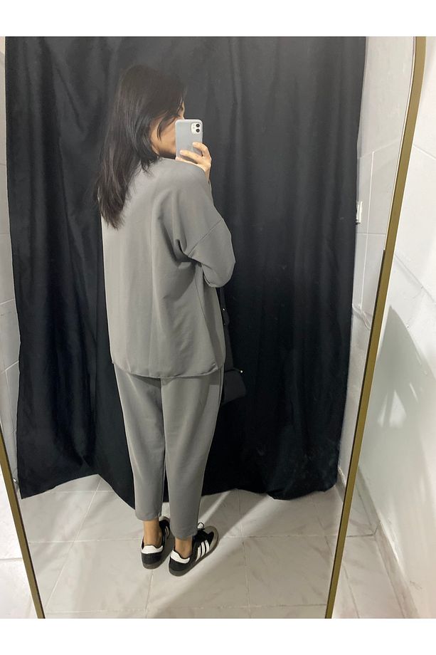 Neon Logolu Gri Modal Oversize Tunik Eşofman Takım(pamuklanma yapmaz) - 4