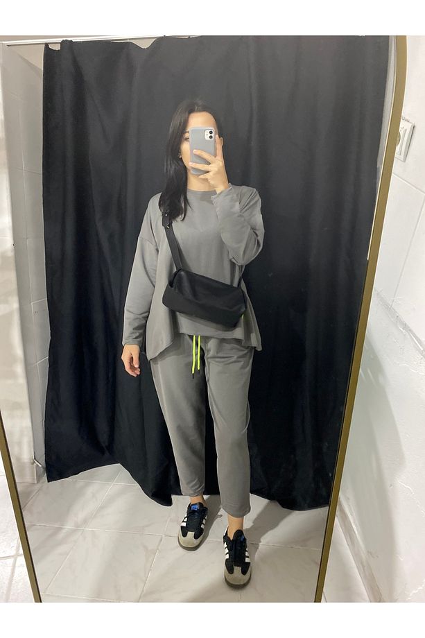 Neon Logolu Gri Modal Oversize Tunik Eşofman Takım(pamuklanma yapmaz) - 3