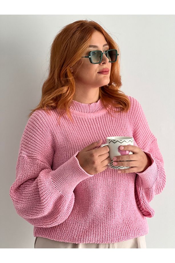 Pembe Oversize Kadın Selanik Örgü Kazak - 3