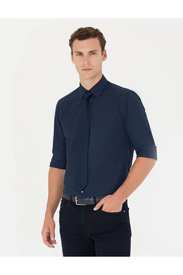 Navy Blue Slim Fit Long Sleeve Classic Shirt 50275816 -Vr033