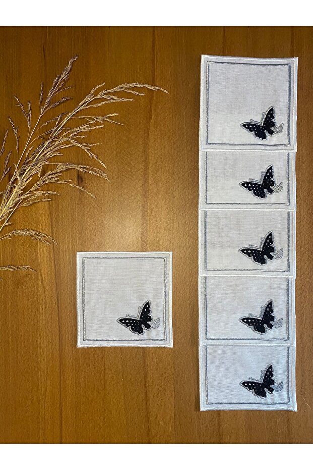 6 Pieces Linen Silver Color Butterfly Patterned Cocktail Presentation Napkins