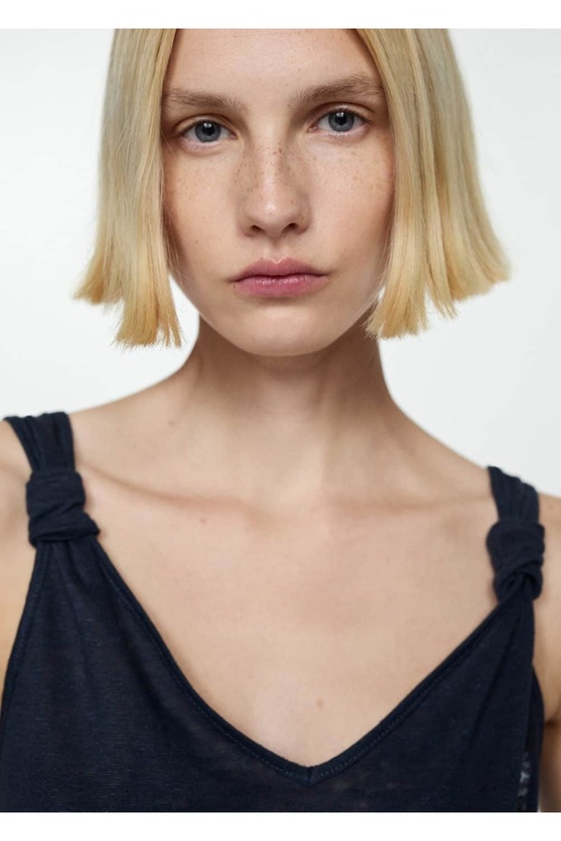 Düğümlü askılı keten bluz - 5