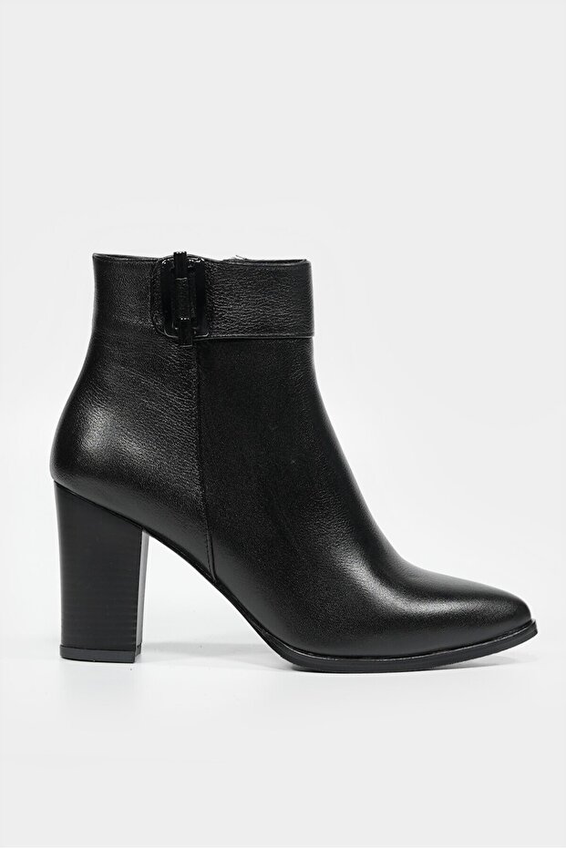 WOMEN'S BLACK GENUINE NATURAL LEATHER HEEL BOOTS & BOOTIES