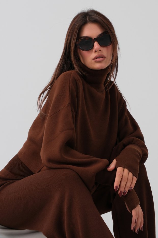 Long-Sleeved Hand-Interlocking Turtleneck Sweater and High-Waisted Knitwear Pants Bottom Top Coffee Knitwear Set 015