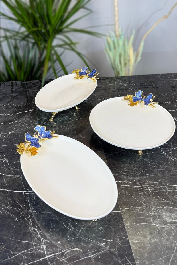Blue Butterfly 3-Piece Presentation Service Set & Gold Footed Kayak Round Plate