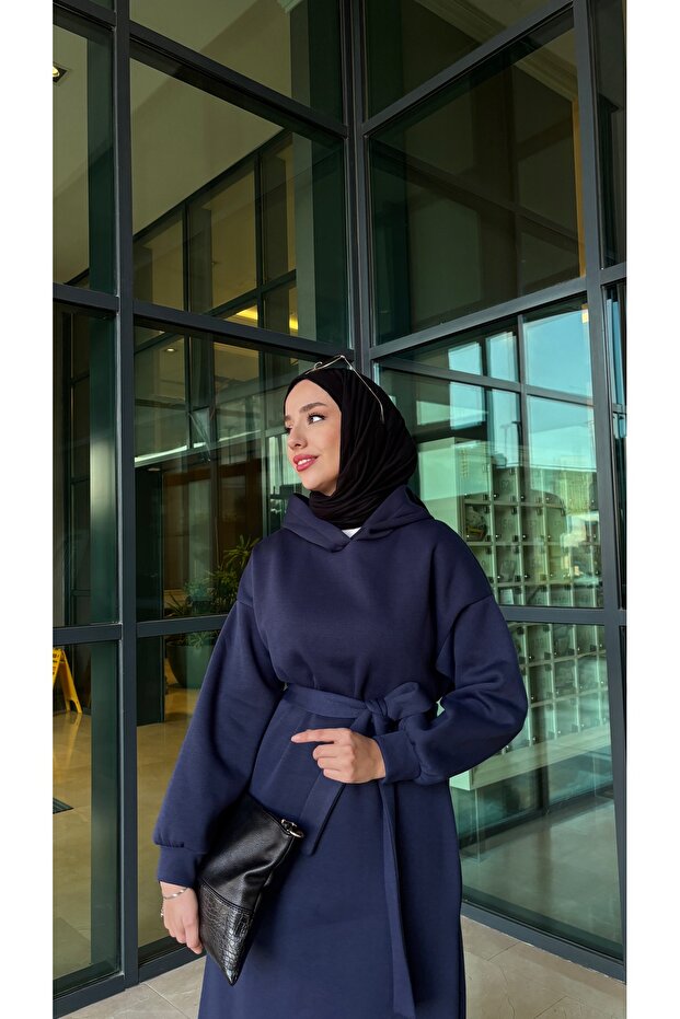 Kapuşonlu 3 İplik Sweat Elbise - 4