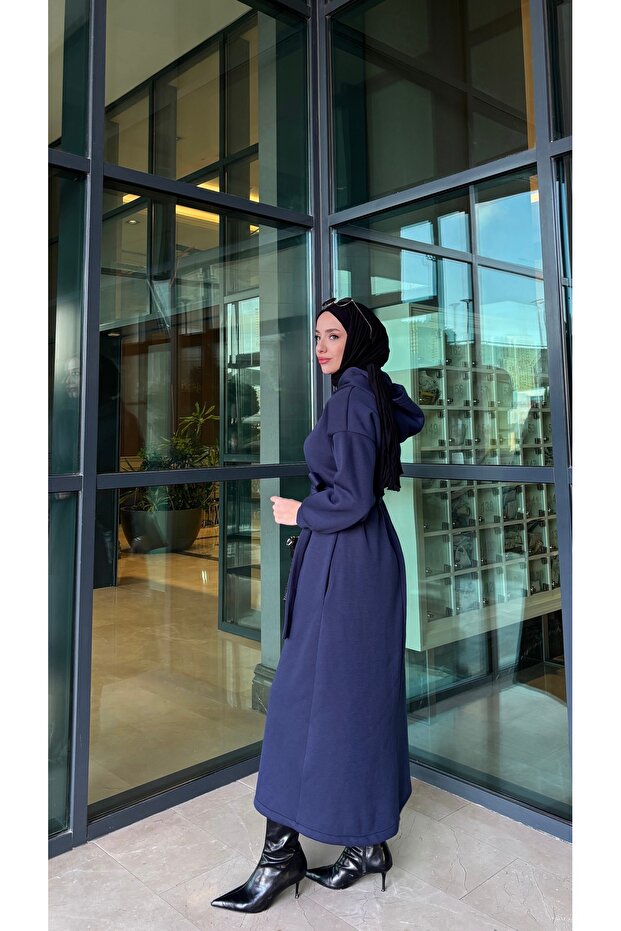 Kapuşonlu 3 İplik Sweat Elbise - 6