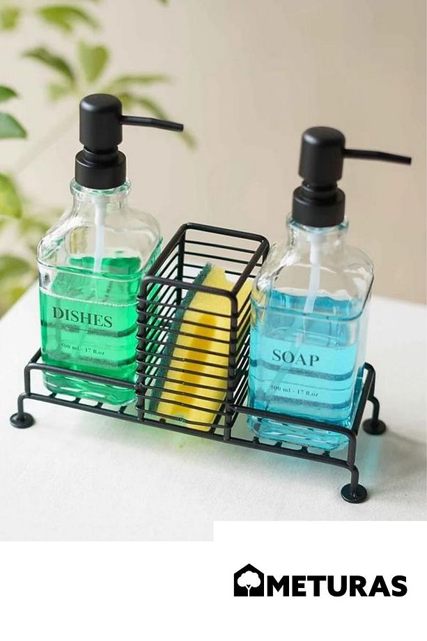 Mutfak Sabun Ve Deterjan Dispenser Seti Demir Çiftli Pompa Ve Sünger Standı 500 ml Siyah - 3